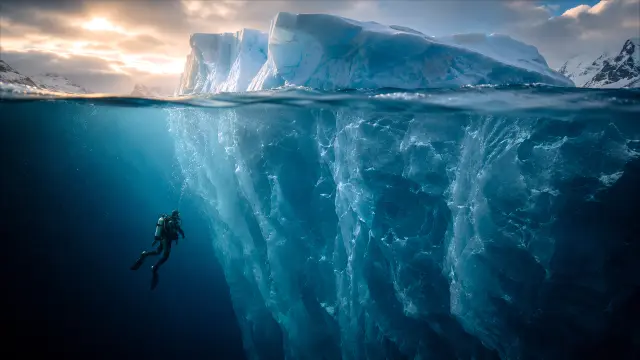 Buceador frente a inmensa pared de hielo en el océano
