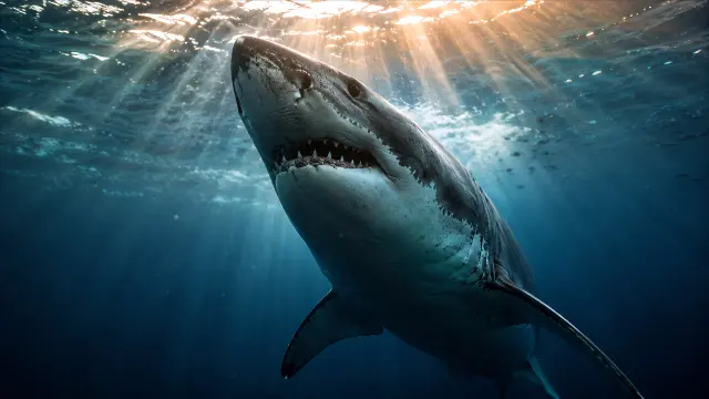 Tiburón blanco nadando bajo la luz del sol