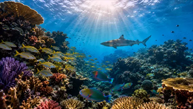 Tiburón nadando entre arrecife de coral y peces