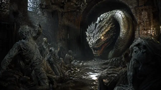 Dragón gigante en mazmorra con figuras petrificadas