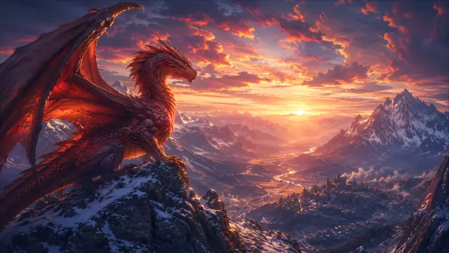 Dragón rojo vigilando castillo en atardecer montañoso