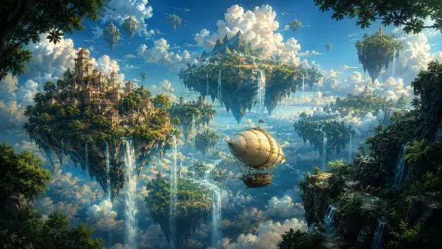 Isla flotante y castillo en el cielo