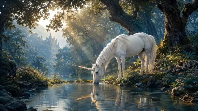 Unicornio blanco bebiendo en bosque mágico al atardecer