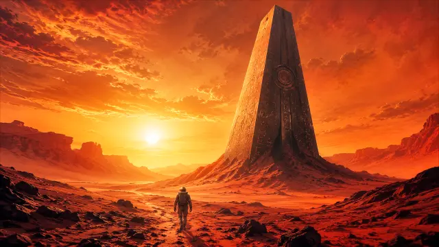 Astronauta caminando hacia una estela alienígena en planeta rojo