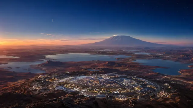 Ciudad futurista bajo cúpulas en paisaje de atardecer