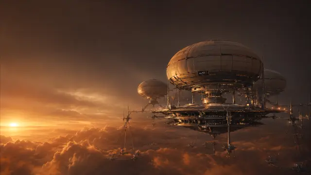 Estación espacial flotante al atardecer
