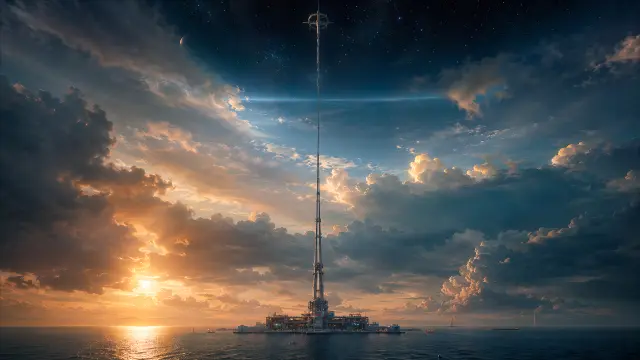 Estación espacial futurista en el océano al atardecer