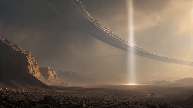 Gran nave espacial sobre paisaje árido con luz