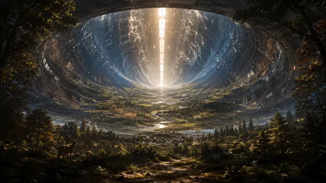 Valle futurista bajo un cielo de cristal y luz divina