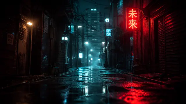 Calle lluviosa de neón con letrero rojo en la ciudad
