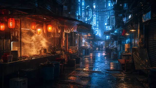 Callejón de comida callejera con luces de neón y lluvia
