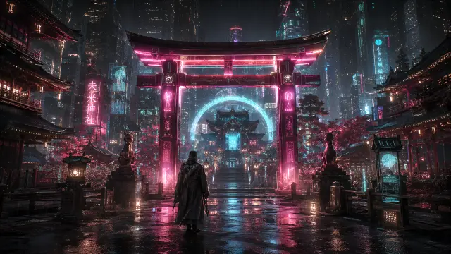 Paisaje cyberpunk con torii neón y figura solitaria