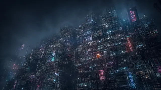 Ciudad de neones y alta densidad urbana nocturna