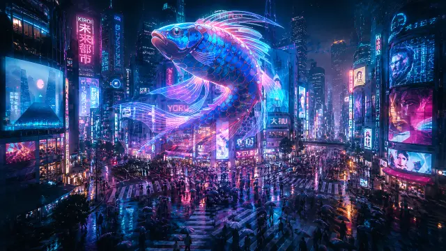 Gran pez neón en ciudad futurista lluviosa de noche