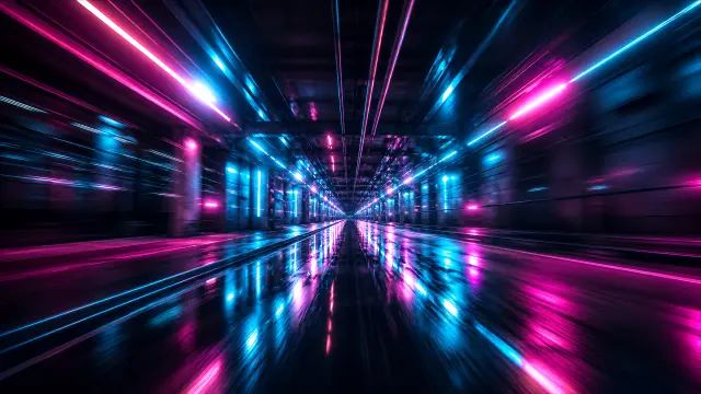 Tunel futurista con luces neón rosa y azul
