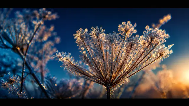 Branca de hielo en flor al atardecer