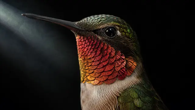 Colibrí con plumaje rojo vibrante sobre fondo oscuro