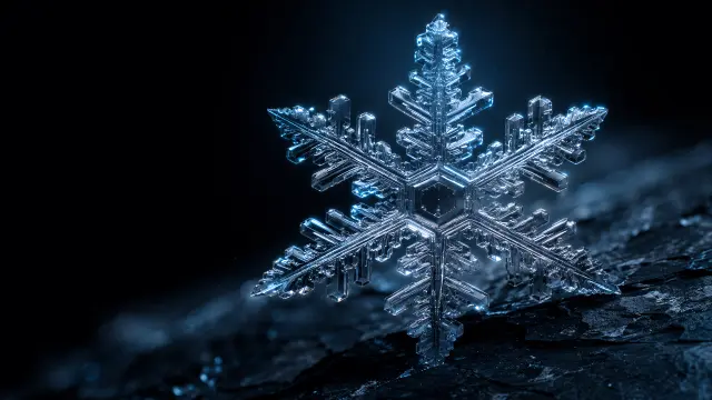 Detalle de un copo de nieve brillante sobre roca