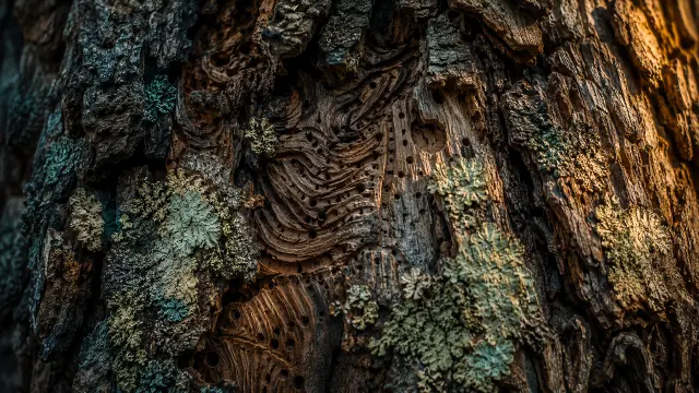 Corteza de árbol con líquenes al atardecer