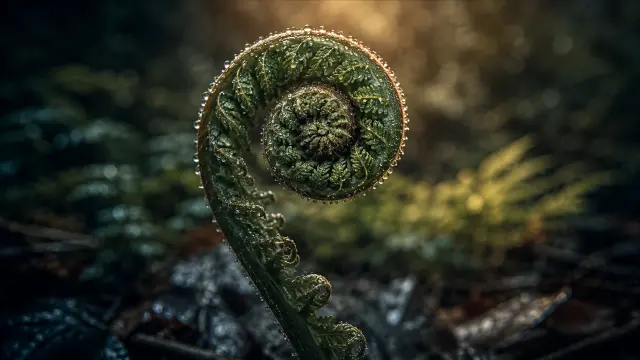 Hojarasca de helecho en espiral con gotas de agua