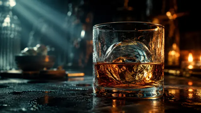 Bocadillo con whisky y hielo en bar oscuro