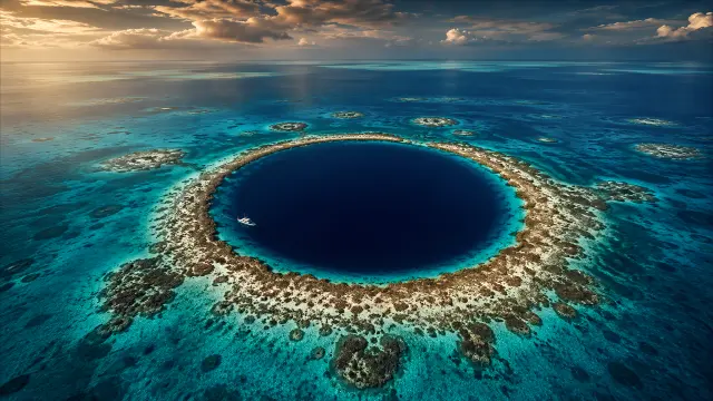 Fondo de pantalla de atardecer sobre arrecife circular en el océano