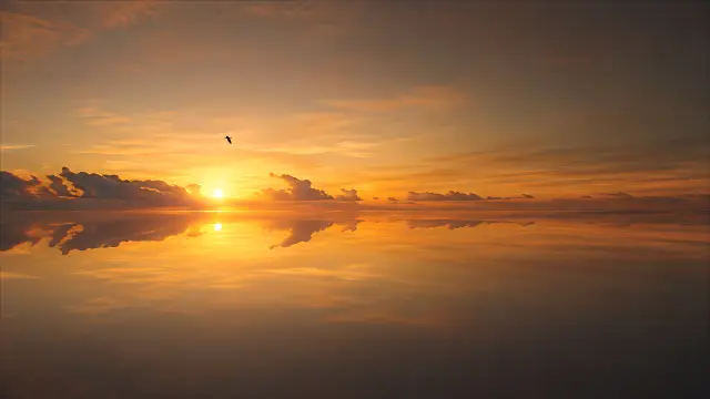 Paisaje de atardecer sobre mar calmo con reflejo dorado