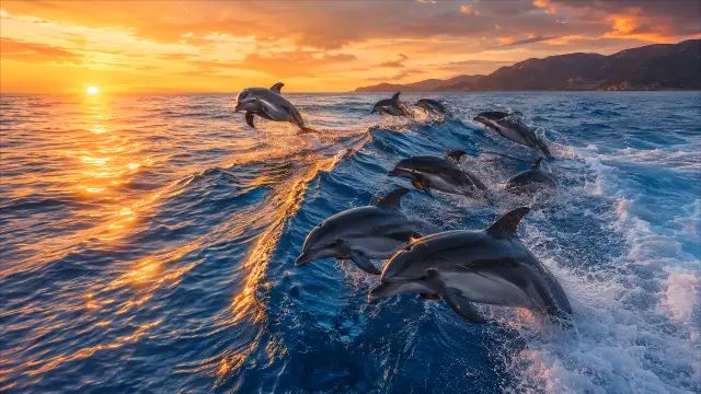 Cardumen de delfines saltando al atardecer