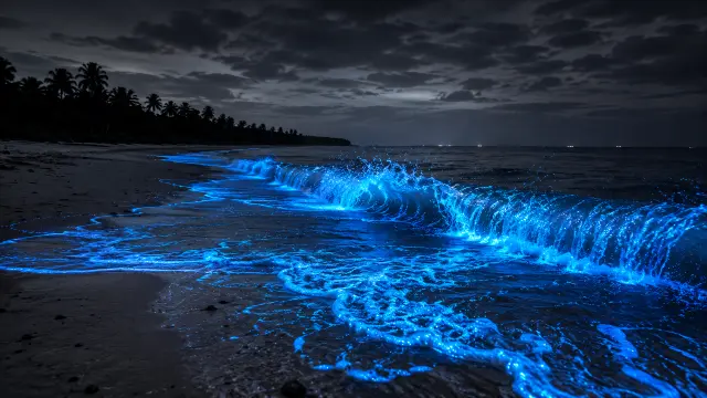Olas bioluminiscentes azules en la playa nocturna