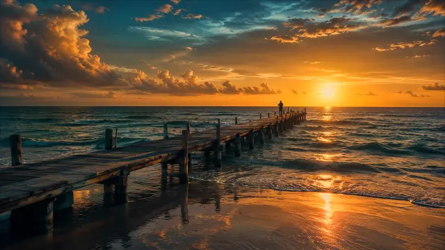 Pescador en muelle de madera al atardecer dorado
