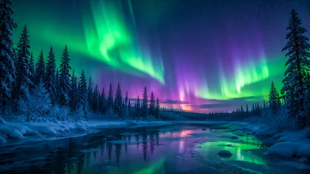Aurora boreal vibrante sobre lago helado con bosque nevado