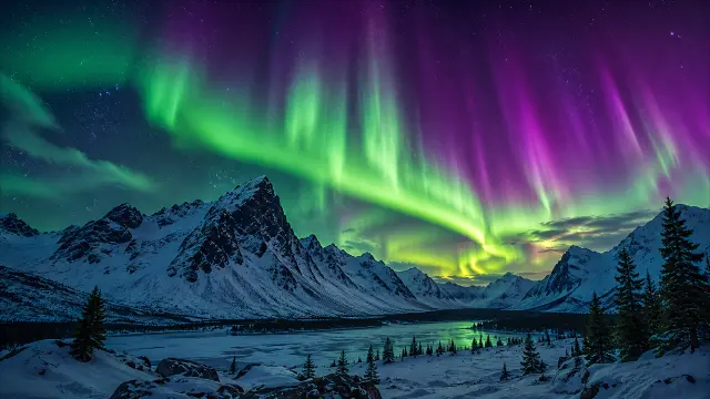 Aurora boreal verde y morada sobre montañas nevadas
