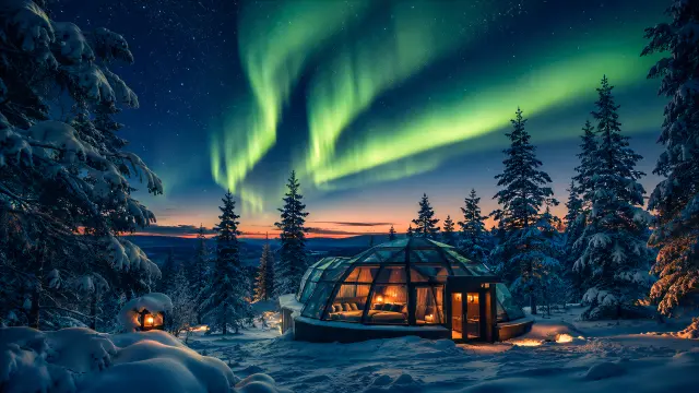 Domo de cristal bajo la aurora boreal en bosque nevado