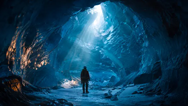Explorador en cueva de hielo azul bajo rayos de sol