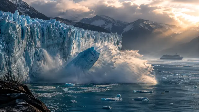Glaciar colapsa en el mar con crucero al atardecer