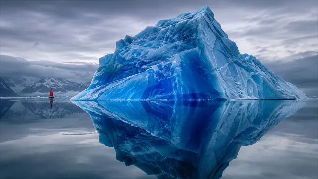 Gran iceberg azul en mar calmo con barco rojo