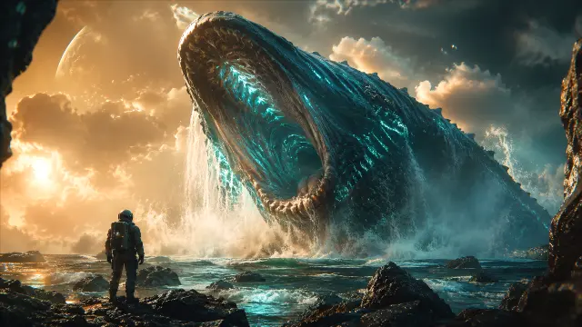 Cientifico observa ballena gigante en la costa