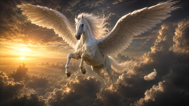 Caballo alado blanco volando entre nubes al atardecer