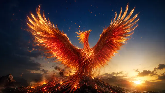 Fénix ardiente emergiendo del fuego al atardecer