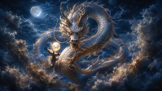 Gran dragón blanco con luna llena en nubes dramáticas