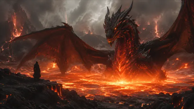 Hombre frente al dragón de lava en paisaje volcánico