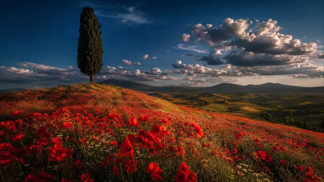 Campo de amapolas rojas con ciprés en colina