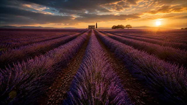 Campo de lavanda al atardecer con cabaña y cipres