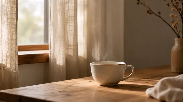 Copa de café humeante en mesa de madera junto a ventana soleada