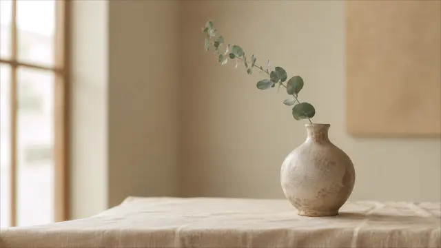 Jarron de ceramica con eucalipto en mesa minimalista