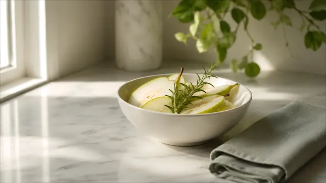 Bowl de pera con romero en luz natural