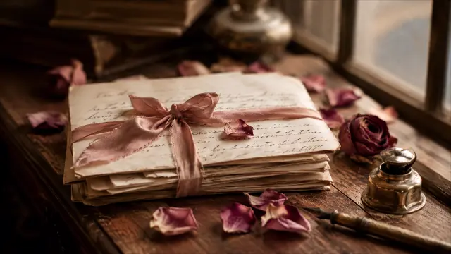 Cartas antiguas con rosa y tintero