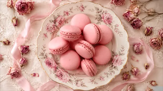 Macarons rosas en plato floral sobre tela con rosas secas