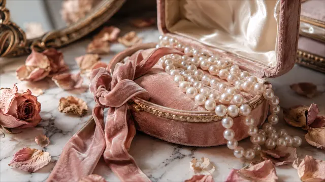 Joyería de perlas y rosa en caja de terciopelo rosa