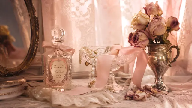 Fondo de pantalla vintage con perfume, rosas y joyas